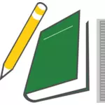 Kynän, muistikirjan ja viivaimen vektorikuva