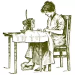 Ilustración vectorial de mujer vintage en una vieja máquina de coser