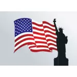 Statua della libertà con la bandiera degli Stati Uniti