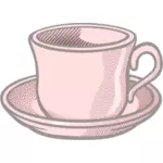 Vektorikuva vaaleanpunaisesta aaltoilevasta teekupista lautasen päällä