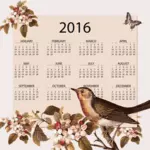 Calendário de 2016 com flores e pássaros vintage