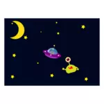 Extraterrestre y OVNI-UFO en espacio de dibujos animados vector de la imagen