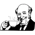 Bald man drinks steaming tea black and white vector graphics