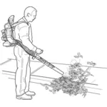 Man blowing leaves on street vector drawing