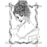 Vector drawing of beautiful woman behind wooden frame