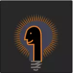 Graphics of humanoid head in front of a glowing lightbulb
