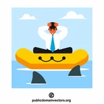 Businessman in a boat surrounded by sharks