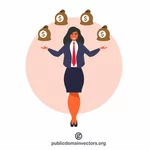 Businesswoman juggling money bags