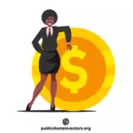 Businesswoman with a huge dollar coin