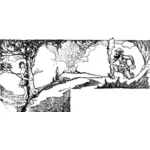 Dibujo de hombre de las cavernas persiguiendo a una mujer en la naturaleza vectorial