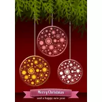 Color illustration of season's greeting card with red Christmas tree decorations