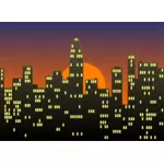 Vector drawing of cityscape under a sunset sky