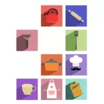 Disegno di utensili da cucina lungo le icone ombra vettoriale