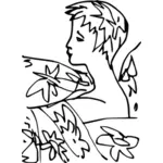 Image of short haired lady covered with leaves and flowers