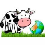 Vector image of cartoon cow eating Earth