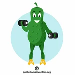 Cucumber character exercising with dumbbells