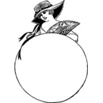 Vector drawing of lady with hat circle frame