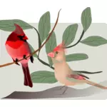 Vector image of colorful sparrows on a tree branch