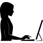 Female silhouette with extended arm at computer vector drawing