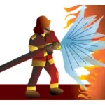 Vector image of helmeted firefighter battles flames