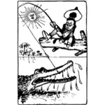 גבר דיג על ענף עם תנין מתחת בתמונה וקטורית