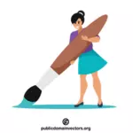 Girl holds a huge paintbrush