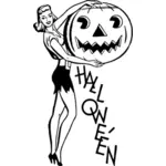 vector illustration of lady in short skirt holding a big pumpkin