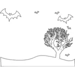 Outline vector illustration of scenery with bats and tree