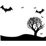 Ilustração em vetor de cenário com morcegos e árvore