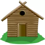 رسم توضيحي لمنزل خشبي محاط بالعشب