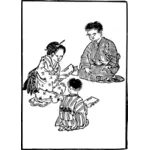 Classical Japanese family kneeling on floor graphics
