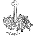 Kinderen dansen rond de Keltisch kruis vector tekening