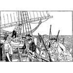 Oude oorlogsschip zeilen scène vector tekening