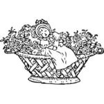 Ilustración vectorial del bebé en cesta de rosa