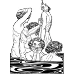 Vector drawing of women in a public bath