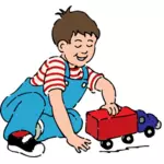 Anak laki-laki bermain dengan mainan truk gambar vektor