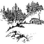 Mountain cabin along stream vector drawing