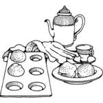 Pot van koffie en muffins vector illustraties