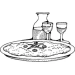 Pizza en wijn vector tekening