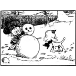Criança faz um boneco de neve na frente de uma ilustração do vetor de cordeiro