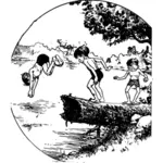 Vector illustration of kids diving at lake