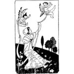 Vector illustraties van lady en vliegende Cupido