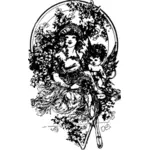 Vector de la imagen de dama y Cupido rodeado de flores
