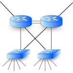 Grafica vectoriala de reţea diagram cu două routere şi două switch-uri