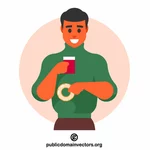 Man drinking coffee with donut