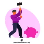 Mann schlägt mit einem Hammer auf ein Sparschwein