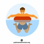 Om în apă cu inel de înot