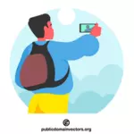 Muž s batohem mluví selfie
