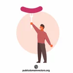 Man holding a fork with a sausage