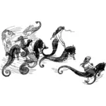 Vector image of mermaids riding on friendly seahorses